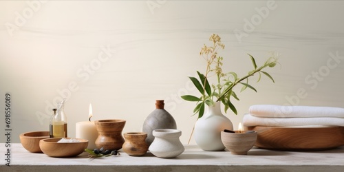 Spa treatment setup with herbal compresses, wooden bowls, and bottles on a white marble surface.