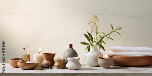 Spa treatment setup with herbal compresses, wooden bowls, and bottles on a white marble surface. © ParinApril