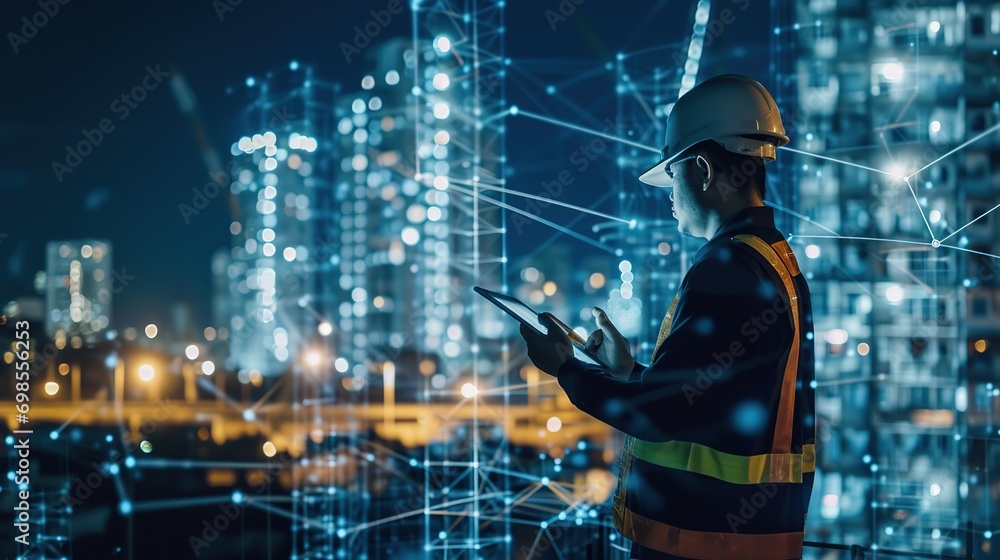 Fototapeta premium Engineer and Architect analyzing of under construction project with technology and new innovative on digital tablet and icon network of construction