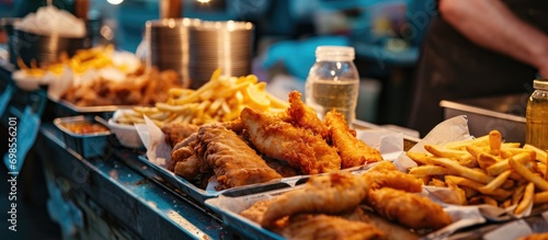 Street food market displaying photo of classic fish and chips.