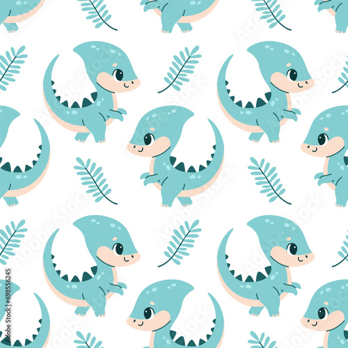 Cute dinosaur seamless pattern. Cute colored dinosaurs for nursery  kids clothing. Kids pattern in flat cartoon style.