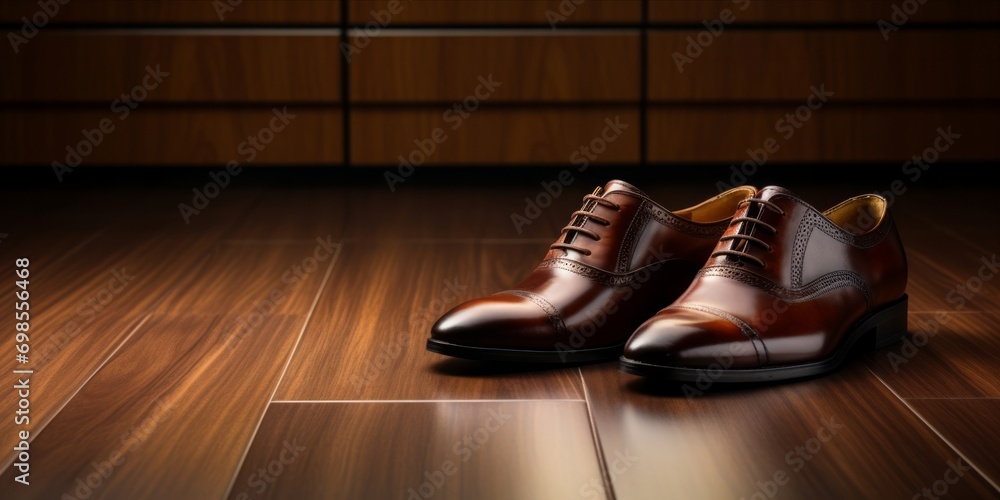 A pair of polished brown leather shoes on a rustic wooden floor. A pair of polished brown leather shoes on a rustic wooden floor.