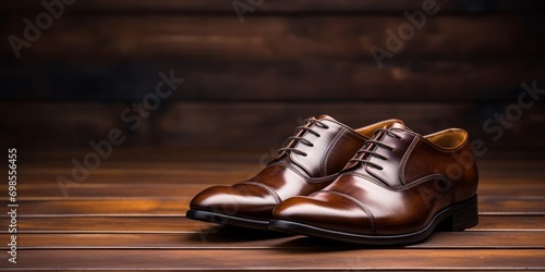 A pair of polished brown leather shoes on a rustic wooden floor.