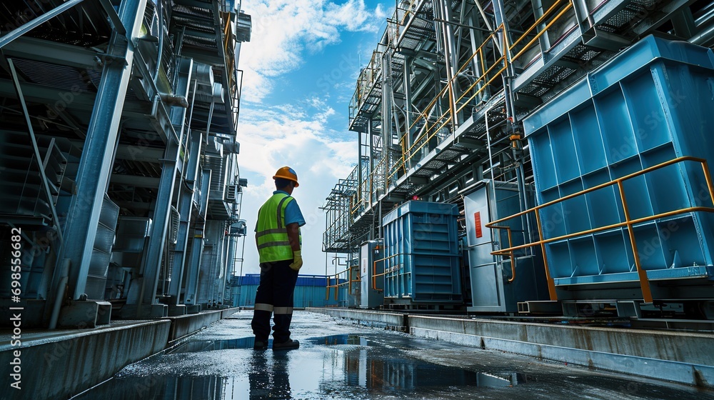Engineer under checking the industry cooling tower air conditioner is water cooling tower air chiller HVAC of large industrial building to control air system Engineer under checking the industry cooling tower air conditioner is water cooling tower air chiller HVAC of large industrial building to control air system