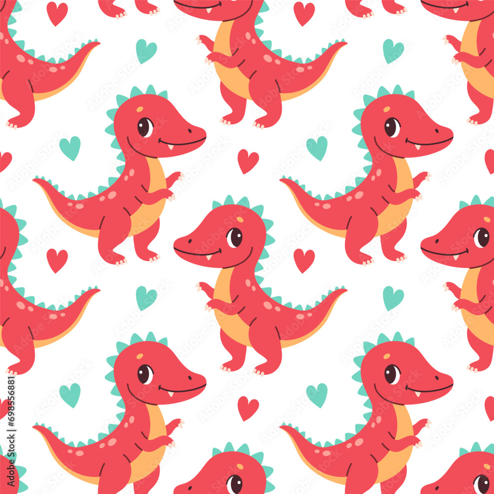 Cute dinosaur seamless pattern. Cute colored dinosaurs for nursery, kids clothing. Kids pattern in flat cartoon style.