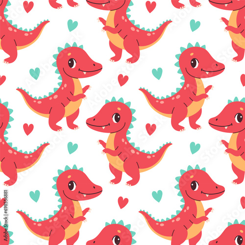 Cute dinosaur seamless pattern. Cute colored dinosaurs for nursery  kids clothing. Kids pattern in flat cartoon style.