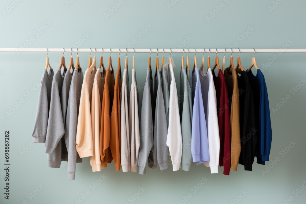 Minimalist clothes on hangers, fashion and trend concept. Generative AI