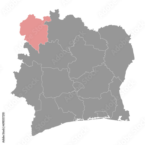 Denguele district map, administrative division of Ivory Coast. Vector illustration.