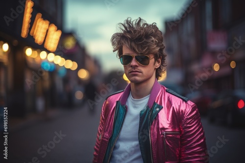 Man with clothes and hairstyle in retro 80s and 90s style, nostalgia concept. Generative AI