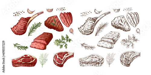 A set of hand-drawn sketches of barbecue meat pieces with herbs and seasonings. For the design of menu for restaurants, steaks. Vintage illustration. Engraved image. photo