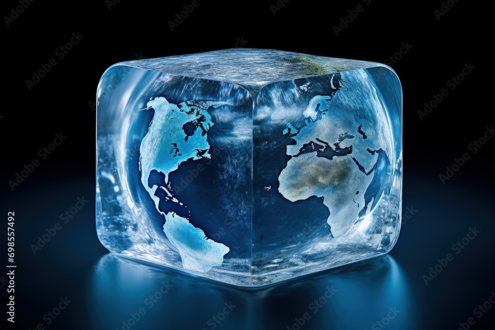 Ice cube with terrestrial planet, global warming and climate change concept, digital illustration. Generative AI Ice cube with terrestrial planet, global warming and climate change concept, digital illustration. Generative AI