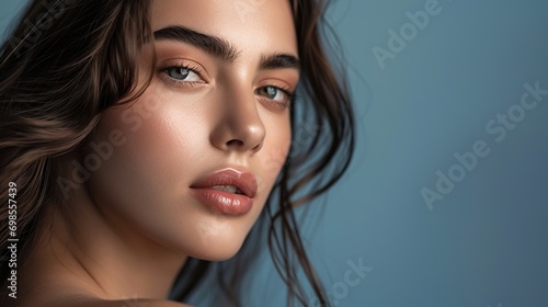 Face, beauty and hair with a model woman in studio on a blue background for haircare or wellness. Salon, hairstyle and cosmetics with an attractive young female posing to promote keratin treatment