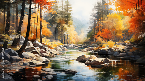 Watercolor painting of autumn landscape. Digital art