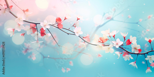 Branch of a blossoming tree on a blue background, gentle spring background in pastel colors