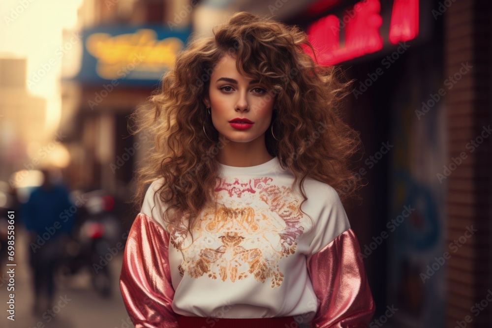Beautiful woman in 80s and 90s retro clothes and style. Generative AI