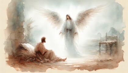 An Angel appears to Joseph. Biblical. Christian religious watercolor Illustration