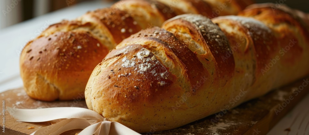 Fresh bread with a ribbon. Fresh bread with a ribbon.