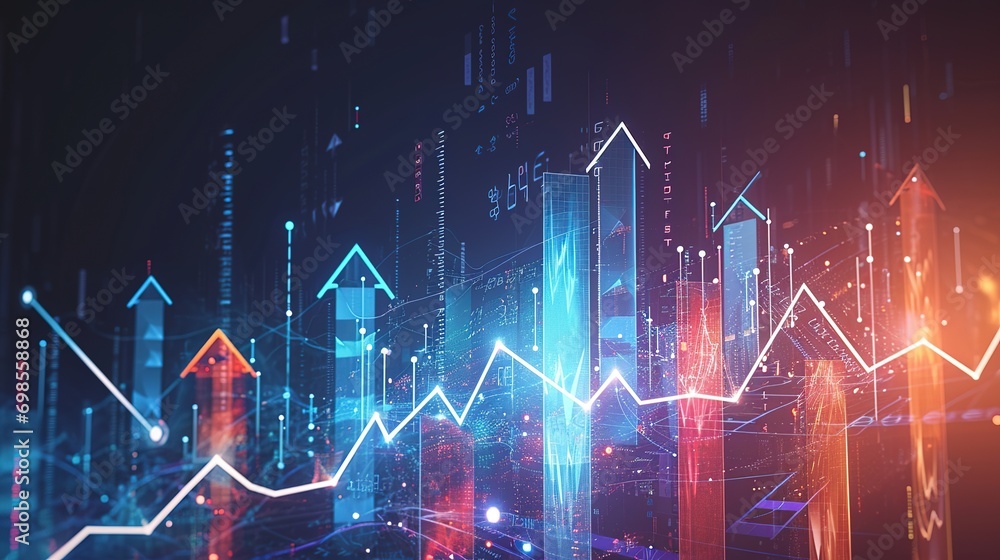 Futuristic raise arrow chart digital transformation abstract technology background. Big data and business growth currency stock and investment economy Futuristic raise arrow chart digital transformation abstract technology background. Big data and business growth currency stock and investment economy