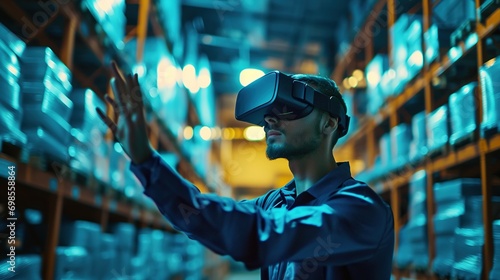 Future virtual reality technology for innovative VR warehouse management. Concept of smart technology for industrial revolution and automated logistic control
