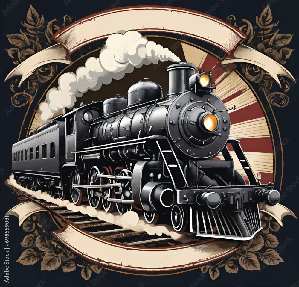 Locomotive steam train vintage design for t-shirt - obrazy, fototapety, plakaty 