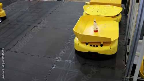 Autonomous Robot transportation in warehouses. automated package sorting. Boxes with order moving on conveyor. automation concept. cargo distribution warehouse