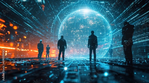 Global hologram, business people and digital transformation with scifi, cyberpunk or information technology light innovation background. Futuristic photo