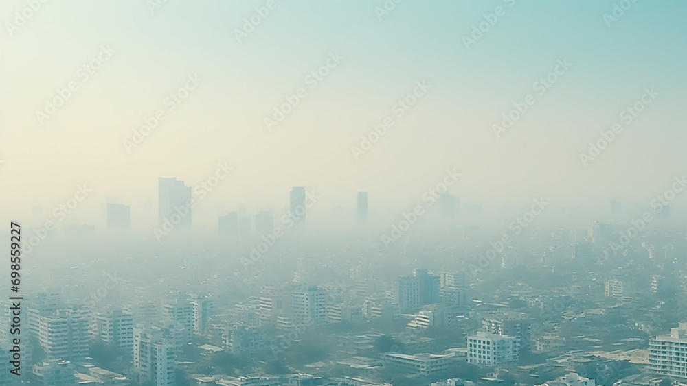 Toxic air pollution in big city, aireal view showing full of fine dust environment