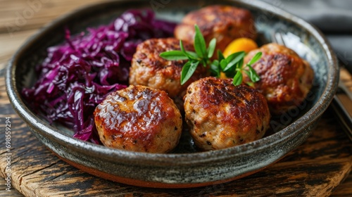 Frikadeller - Danish meatballs, pan-fried and served with red cabbage photo