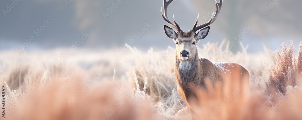 beautiful view of deer in the grass in winter - obrazy, fototapety, plakaty 