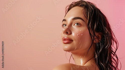 Hair care, beauty and health of model woman against background mockup for skincare, cosmetic and shampoo for health hair, skin and body. Skincare