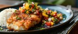Fried cod fillet with rice and fruit salsa on table.