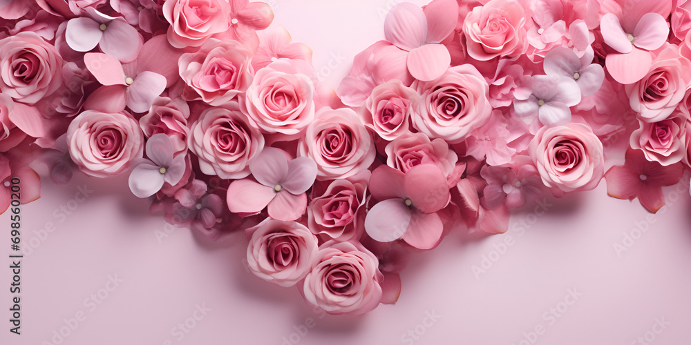Heart symbol made of pink rose petals and hand held white roses for Valentine's Day. Happy Mother's Day. Flower Natural Background, 