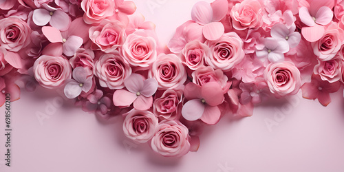 Heart symbol made of pink rose petals and hand held white roses for Valentine's Day. Happy Mother's Day. Flower Natural Background,  © Aoun