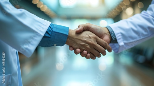 Handshake with doctors at a hospital, clinic or medical facility for good job, success or approval. Healthcare, health and thank you, shaking hands or clapping, congratulations or welcome onboard photo
