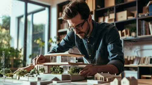 handsome young architect looking at a scale model of a modern house in his office photo