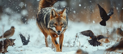 Furious jackal in winter  attacking birds.