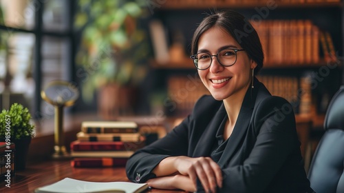 happy and woman lawyer portrait in office with optimistic smile for professional legal career. Confident expert and attorney employee at corporate workplace smiling with positive mindset