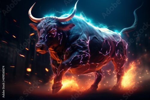 A digital art representation of a bull glowing with neon lights and lightning effects. photo