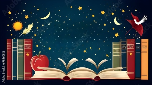 Graphic illustration banner or template with copy space background for World Book Day and copyright concept. World Book Day changes lives through a love of books and reading. Love of books