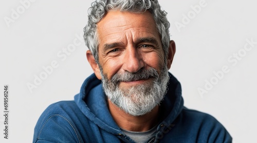Happy mature old bearded man with dental smile, cool mid aged gray haired older senior hipster wearing blue sweatshirt standing isolated on white background looking at camera photo