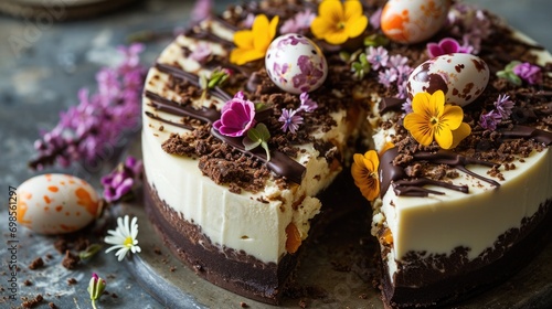 Easter Egg Cheesecake is a festive dessert for Easter, decorated with cute mini eggs, chocolate sprinkles and edible flowers for a truly Easter treat photo