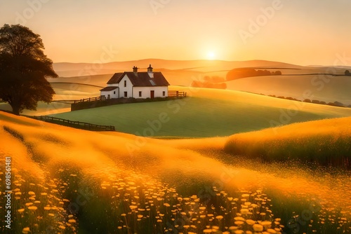 Beautiful landscape at sunset in the golden hour  a countryside setting with rolling hills  a farmhouse bathed in the warm light of the setting sun