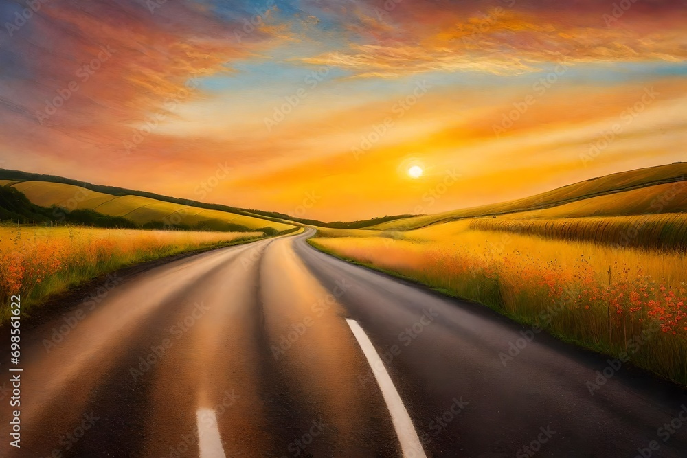 Asphalt road under sunset, a rural road winding through rolling hills, the sky painted with warm pastel tones, a gentle breeze rustling through fields of wildflowers