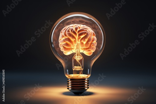 A clean and shiny light bulb with a brain in the form of a glowing wire. photo