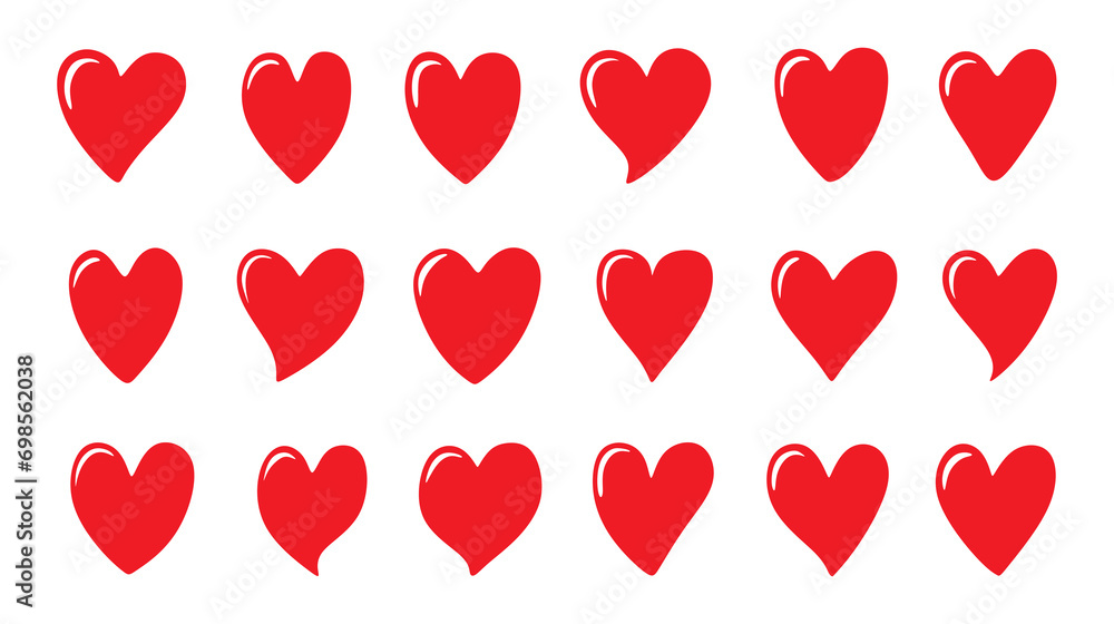 Set of red hearts icons. Hand drawn love symbol collection isolated on white background. Romantic design elements for Valentine's day. Flat colored illustration of various red hearts. Vector illustrat