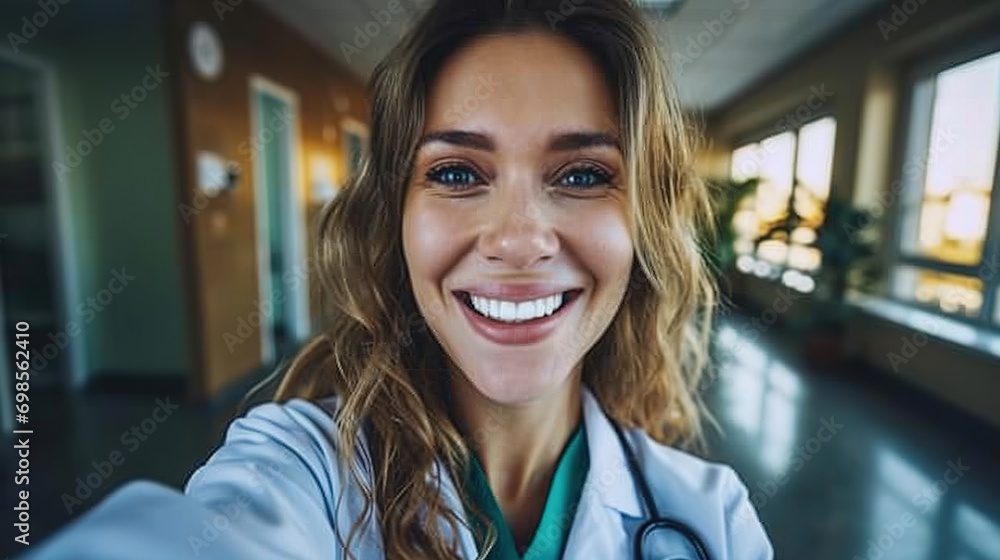Happy woman, doctor and portrait in selfie for picture, memory or photo of doctor at hospital. Female person, medical or healthcare professional smile with teeth for vlog, dental care and wellness Happy woman, doctor and portrait in selfie for picture, memory or photo of doctor at hospital. Female person, medical or healthcare professional smile with teeth for vlog, dental care and wellness