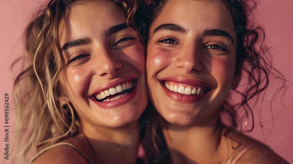 Happy women, smile and face in beauty for skincare, cosmetics or makeup against a studio background. Portrait of female friends or model smiling in happiness or satisfaction for fun healthy treatmen Happy women, smile and face in beauty for skincare, cosmetics or makeup against a studio background. Portrait of female friends or model smiling in happiness or satisfaction for fun healthy treatmen
