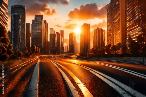 Asphalt road under sunset, an urban cityscape with the sun setting behind skyscrapers, the road bustling with activity, car lights starting to illuminate the scene