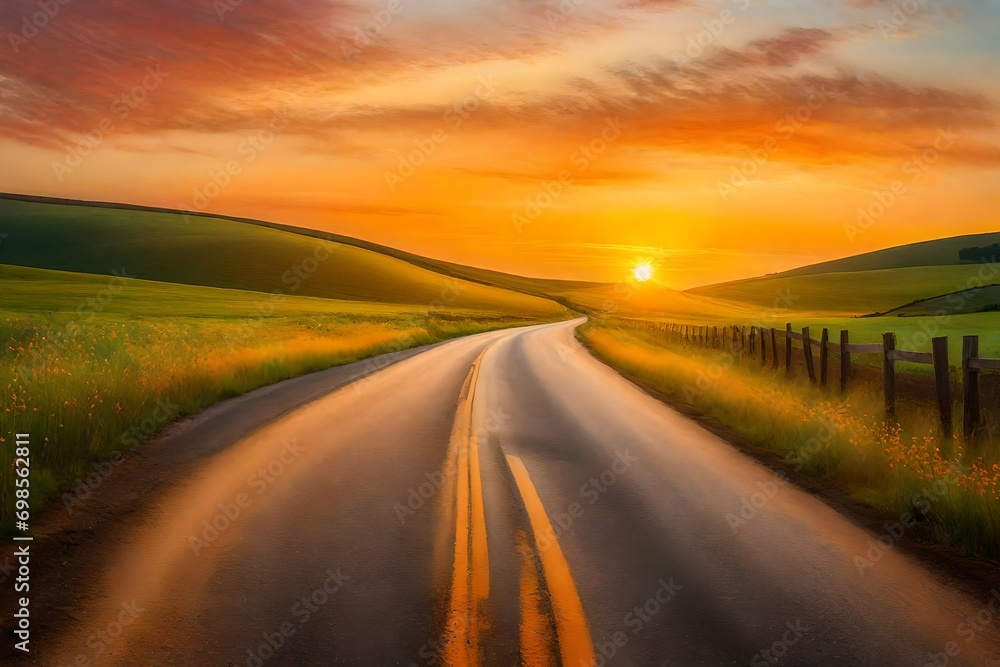 Asphalt road under sunset, a rural road winding through rolling hills, the sky painted with warm pastel tones, a gentle breeze rustling through fields of wildflowers