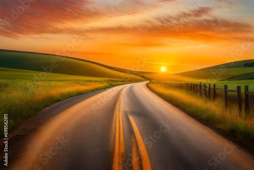 Asphalt road under sunset  a rural road winding through rolling hills  the sky painted with warm pastel tones  a gentle breeze rustling through fields of wildflowers